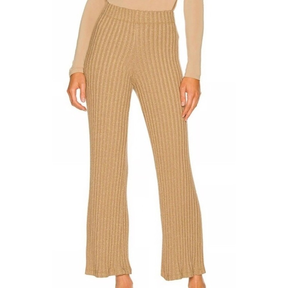 Enza Costa Sweater Metallic‎ Ribbed Wide Leg Pants Gold Lurex Viscose Size Small